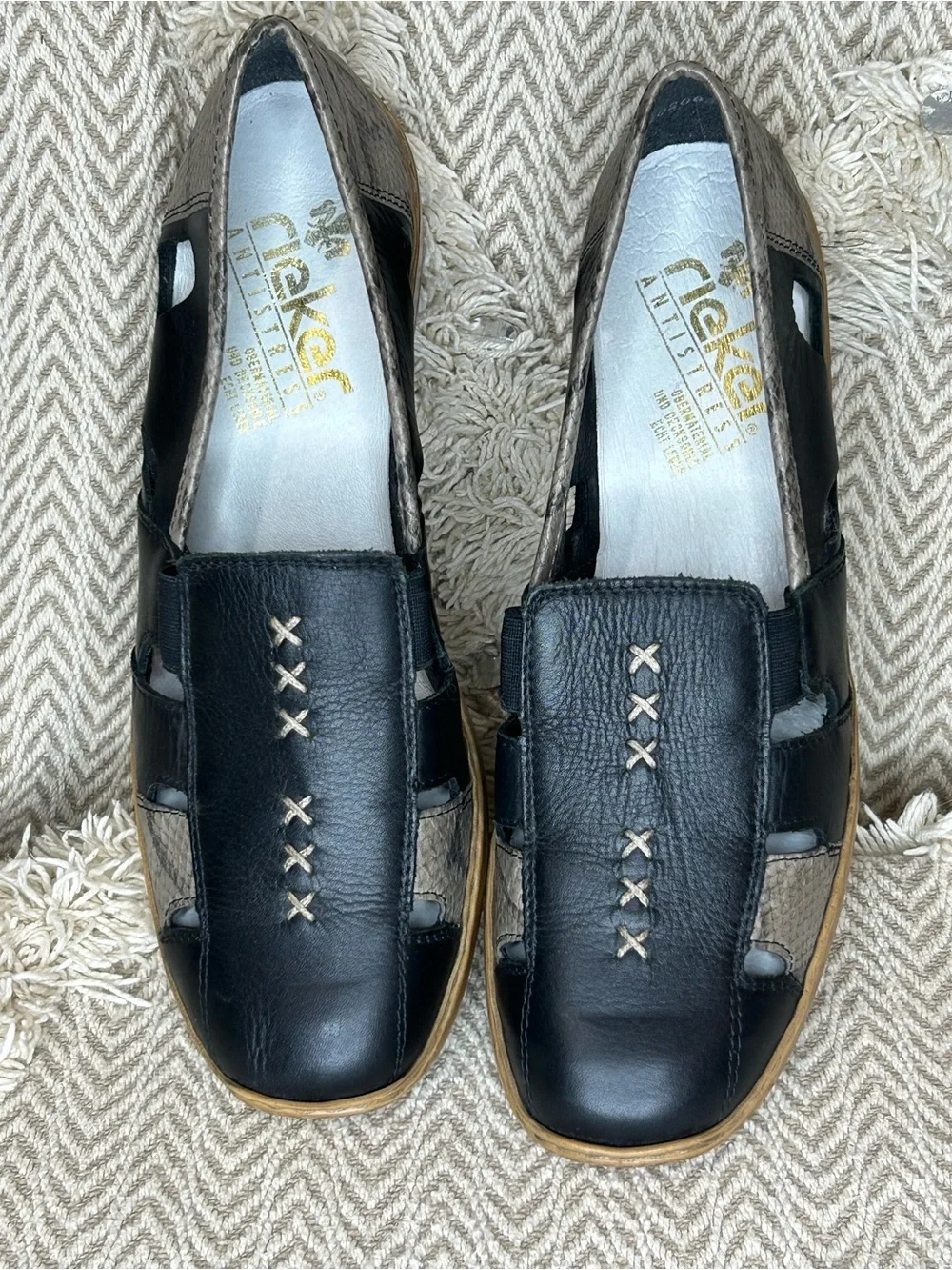 Rieker Navy Slip-On Leather Loafers with Contrast Stitching